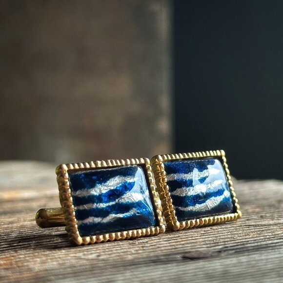 Blue Cuff Links w/ Foil Abstract Design - Picture 3 of 7